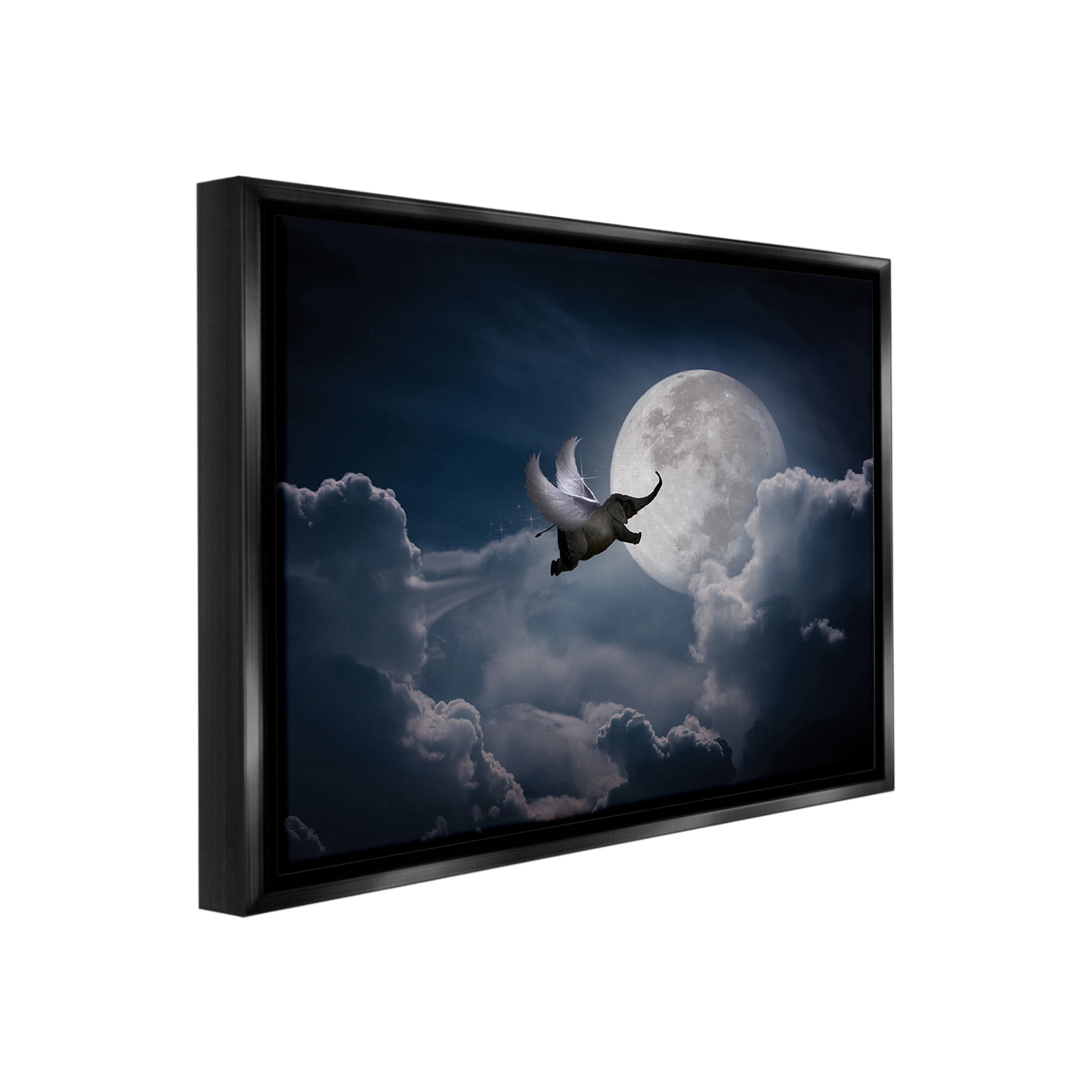 Stupell Industries Flying Elephant & Moon Animals & Insects Painting Black Floater Framed Canvas Art Print Wall Art, 21 x 17