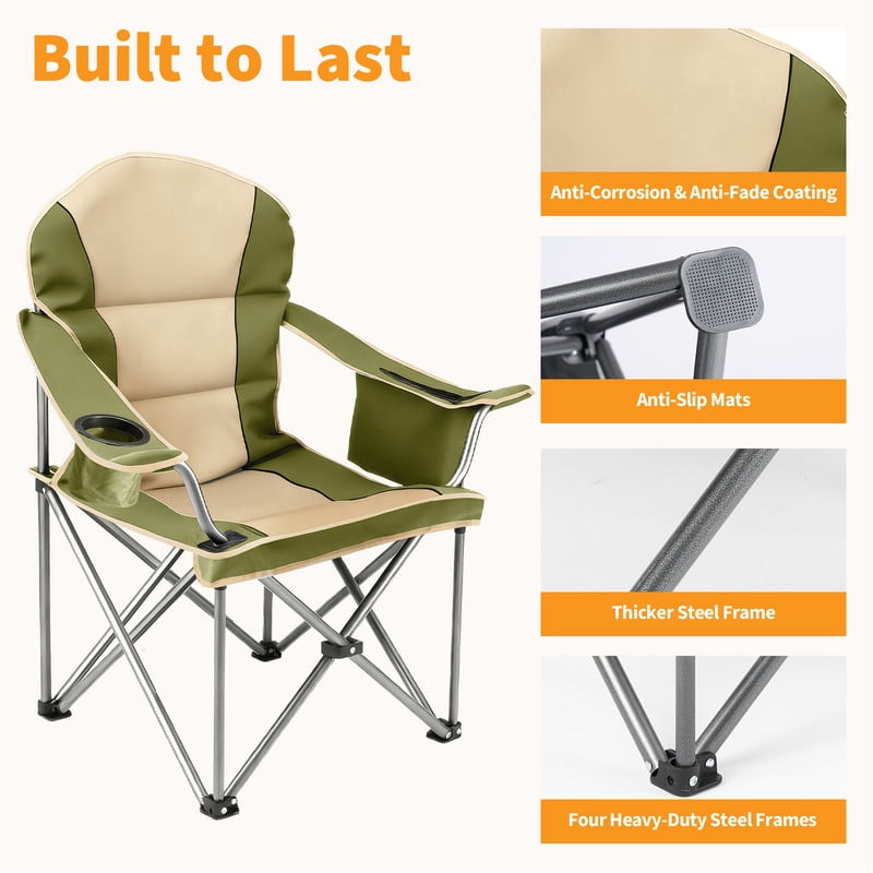 Simenmax Heavy Duty Camping Chair, Oversized Portable Folding Chair with Cooler Bag and Cup Holder, Outdoor Lawn Chair for Hiking Beach Sports,Green