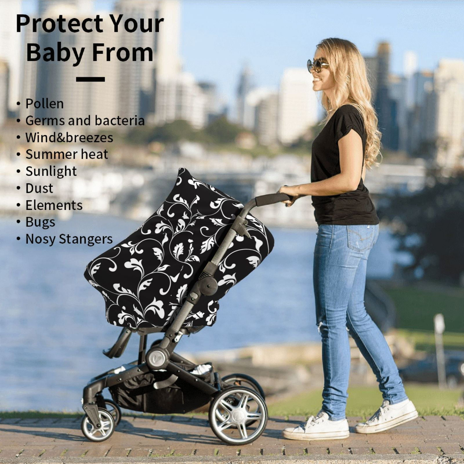 Fotbe Black White Leaves Pattern Car Seat Covers for Babies, Nursing Breastfeeding Cover Infant Carseat Canopy, Soft Stretchy Carrier Cover