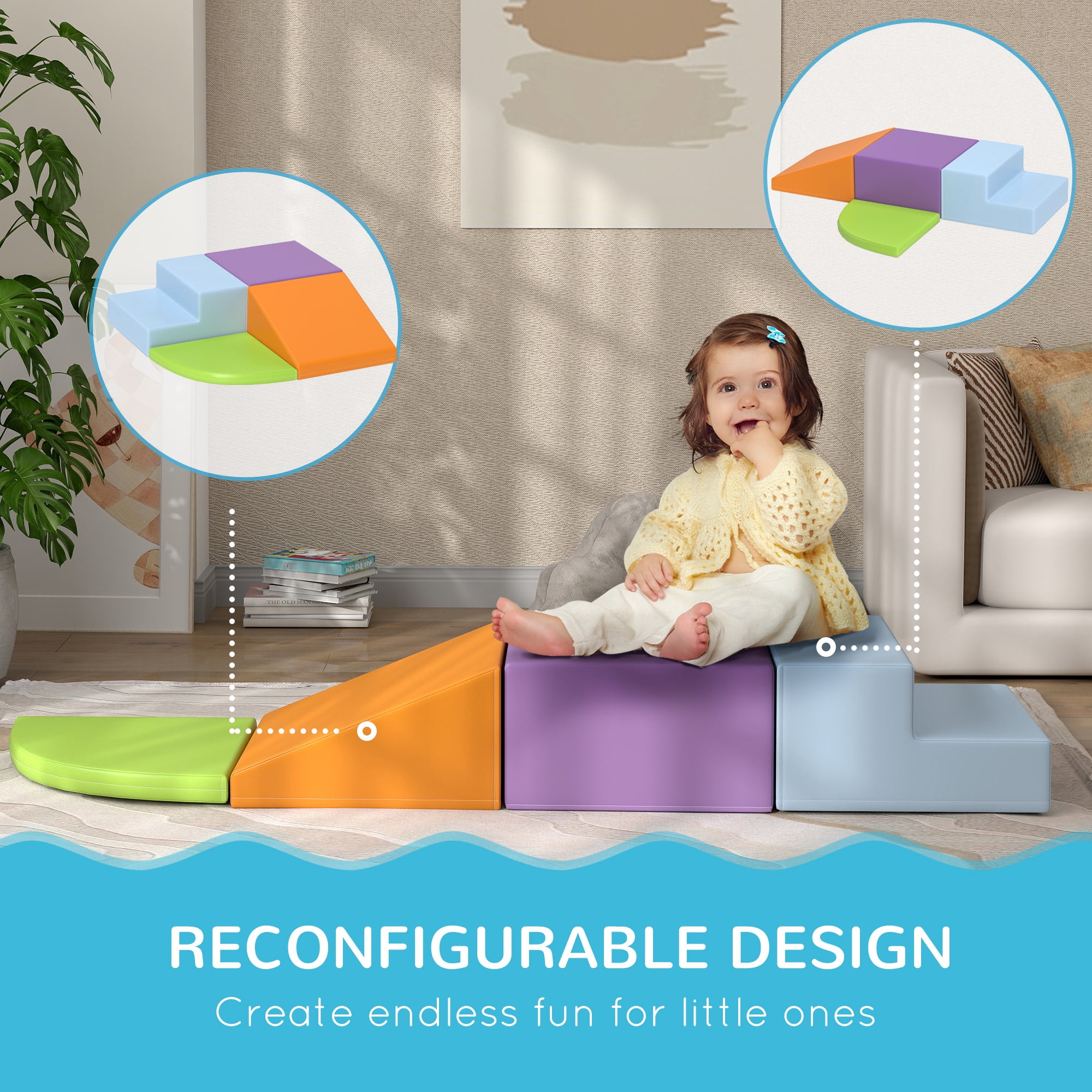 Qaba Foam Play Set for Toddlers and Children 12-36 Months, Easy-to-clean 4 Piece Soft & Safe Kids Climbing Set for Crawling or Sliding, Assorted