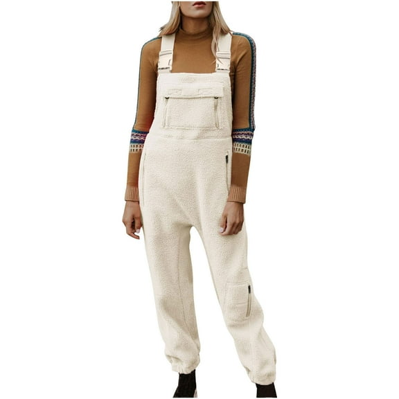 QSAWXQZ Women's Fleece Lined Overalls Adjustable Strap Solid Pants Jumpsuit with Zipper Pockets Beige 2XL