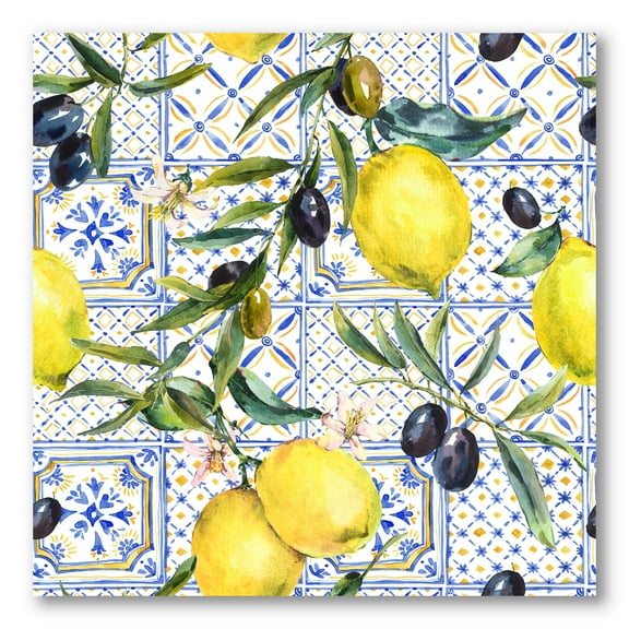 Designart ' Geometrical Pattern of Lemon Ornament On Blue III ' Tropical Canvas Wall Art Print