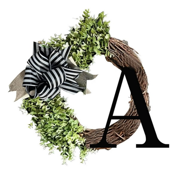 Spring Floral Wreath with Letter, Front Door Decoration with Eucalyptus Ribbon Bow, Year-Round Welcome Hanger for Porch Wall Home Decor