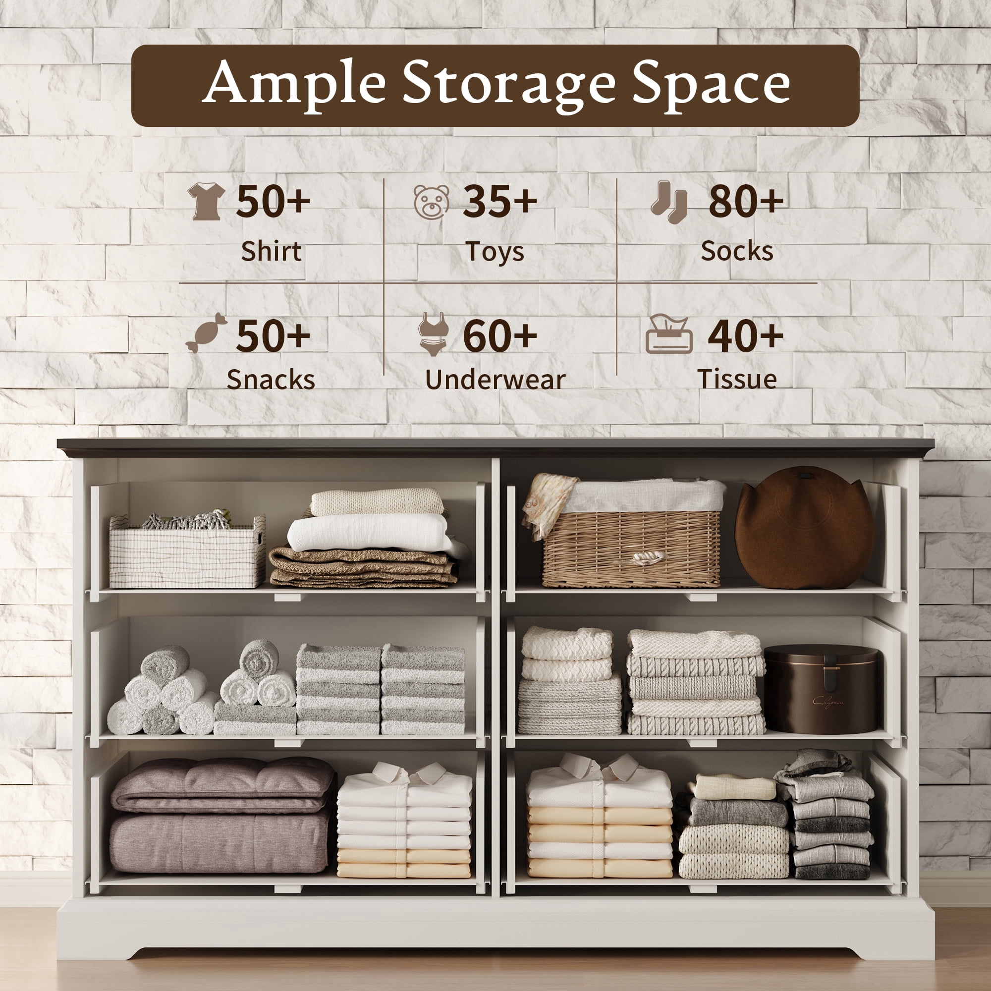 FANRAL 6 Drawers Dresser for Bedroom,Wood Rustic Storage Cabinet Chest of Drawers,Farmhouse Large Drawers with Metal Handles,White Dresser(Plus)