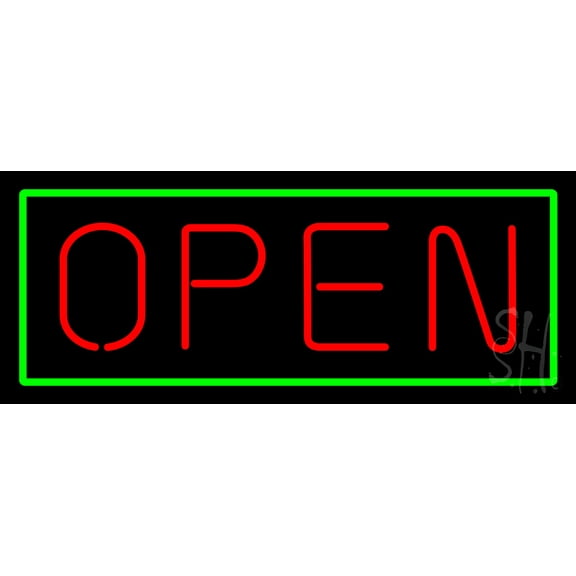 Open - Horizontal Red Letters with Green Border LED Neon Sign 10 x 24 - inches, Clear Edge Cut Acrylic Backing, with Dimmer - Bright and Premium built indoor LED Neon Sign for storefront.