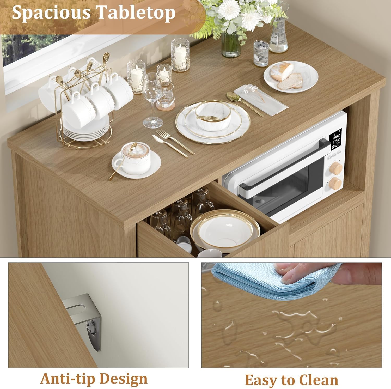 Yeshouse Pantry Storage Cabinet, Multipurpose Kitchen Sideboard with Drawer, 3 Doors & Adjustable Shelving