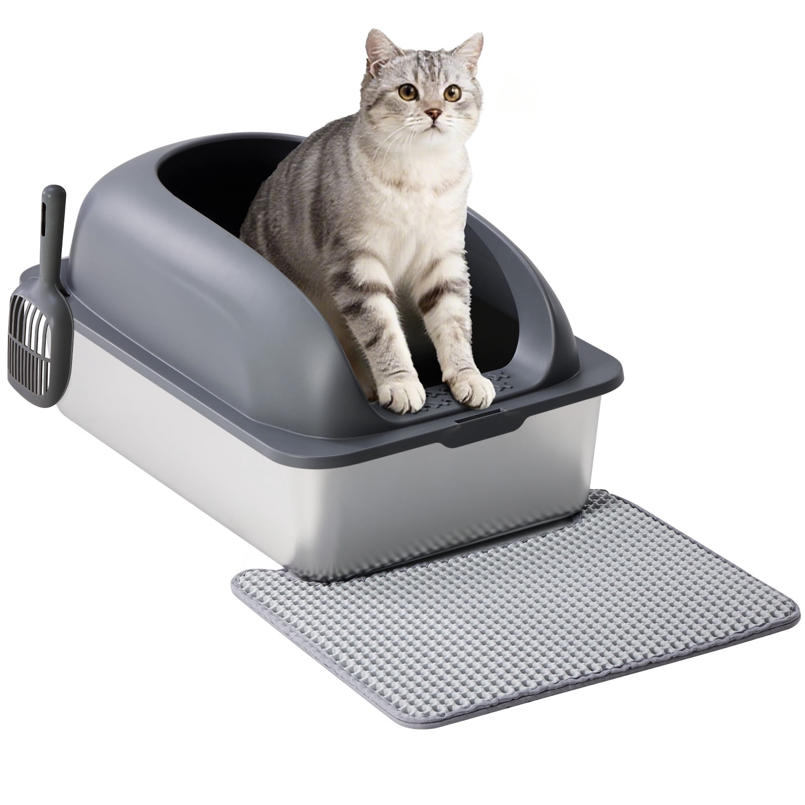 CONCETTA 24in Stainless Steel Cat Litter Box with Lid, Large Cat Litter Box for Cats, High Wall Sides, Anti-Urine Leakage, Easy Cleaning, Scoop and Mat Included, Dark Grey