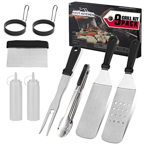 8 PC Men Grill Kit Griddle Flat Top Accessories Scraper BBQ Steel Tools Cook Set 