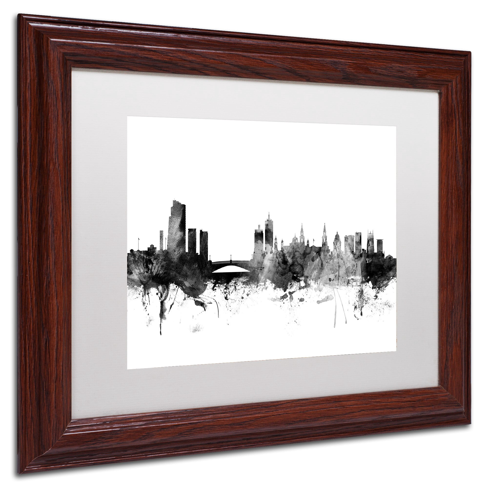 Trademark Fine Art "Leeds England Skyline B&W" Canvas Art by Michael Tompsett, White Matte, Wood Frame