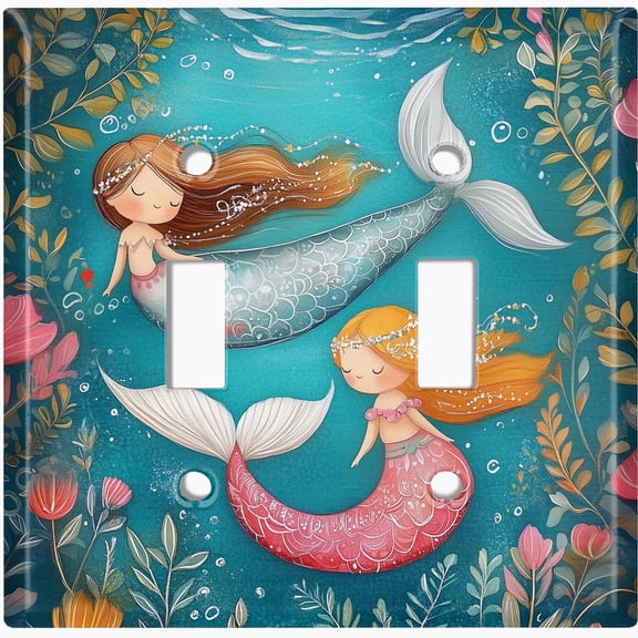 Metal Light Switch Wall Plate Outlet Cover (Printed Image of Underwater Mermaids - Double Toggle)
