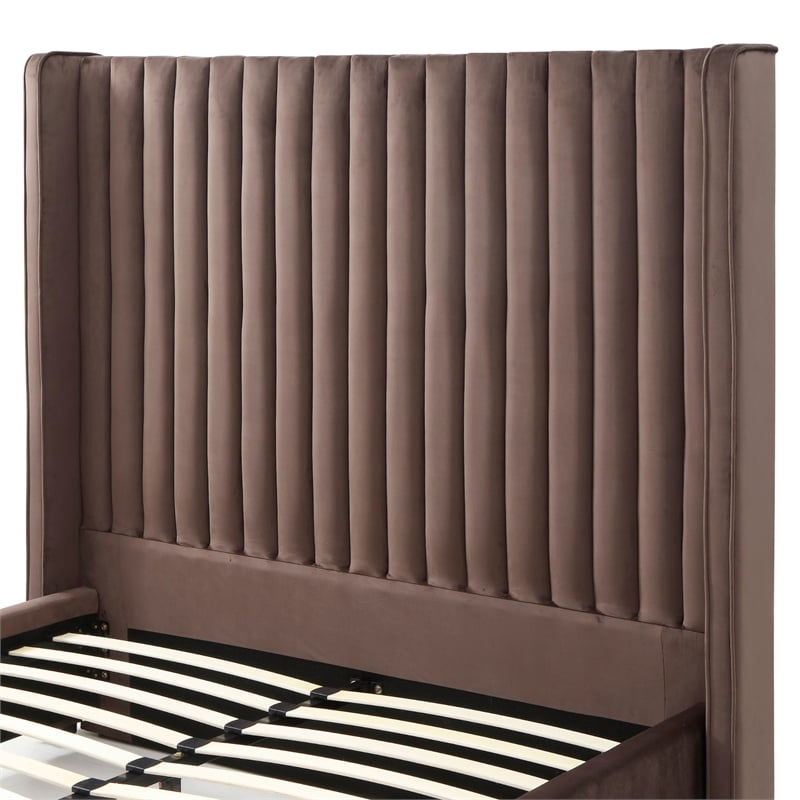 Jeffrey Queen Size Velvet Upholstered Bed Frame in Dark Brown