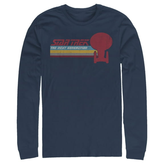 Men's Star Trek: The Next Generation USS Enterprise Vertical Retro Rainbow Logo Long Sleeve Shirt Navy Blue 2X Large