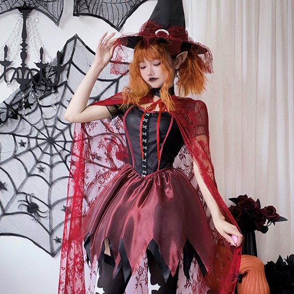NordicNest Womens Dress Elegant Gothic Witch Fall Dress with Cape for Cosplay and Halloween Permance Red,XL