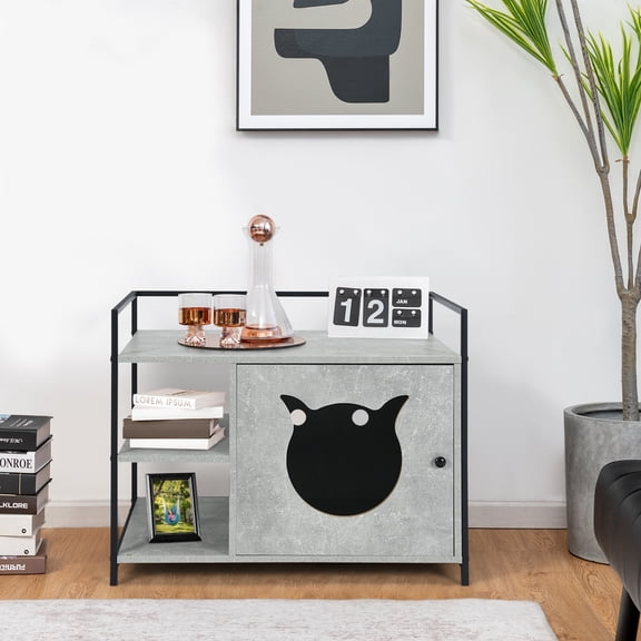 Demi Bonn 30" Hidden Cat Litter Box Enclosed Furniture, Indoor Wood Cat House with Iron Sturdy Structure, Gray