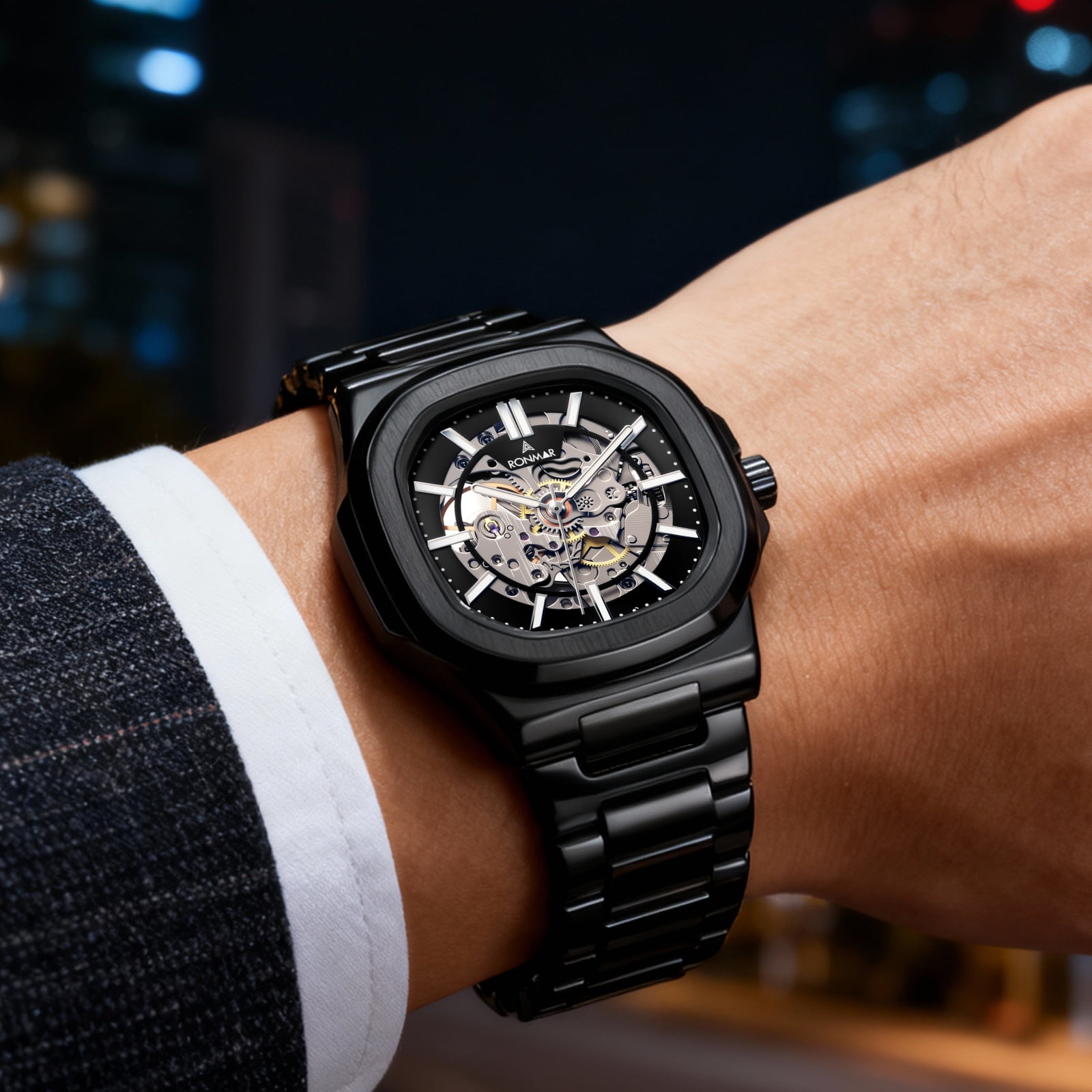 SKMEI Men's Mechanical Skeleton Watch Luxury Big Face Watches for Men with Luminous Stainless Steel Strap