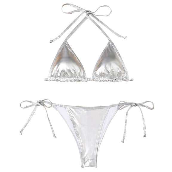 LIUJUNSHOP Women's Metallic Triangle Halter Bikini Sets Shiny Tie Back Pearl String Two Piece Swimsuit Bathing Suit Set
