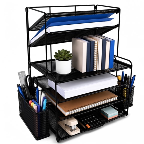 punada Desk Organizer with File Holder, 6 Tier Metal Desktop File Organizer with Pen Holders and Mesh Trays for Home, Office and Workspace