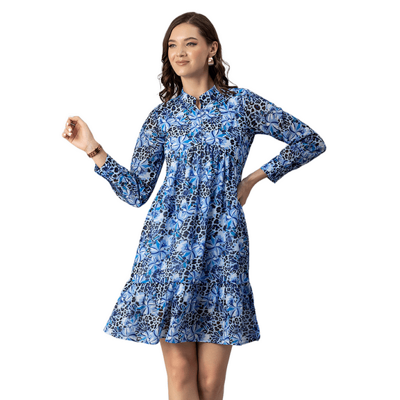 Moomaya Womens Solid Cuffed Sleeves Dress, Mandarin Collar Mini Dress