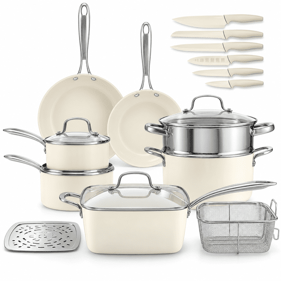 Gotham Steel 20 Piece Ceramic Cookware Set with Knife Set, Non Stick Pots and Pans Set, Kitchen Set with Steamer Insert & Fry Basket, Oven and Dishwasher Safe, Cream