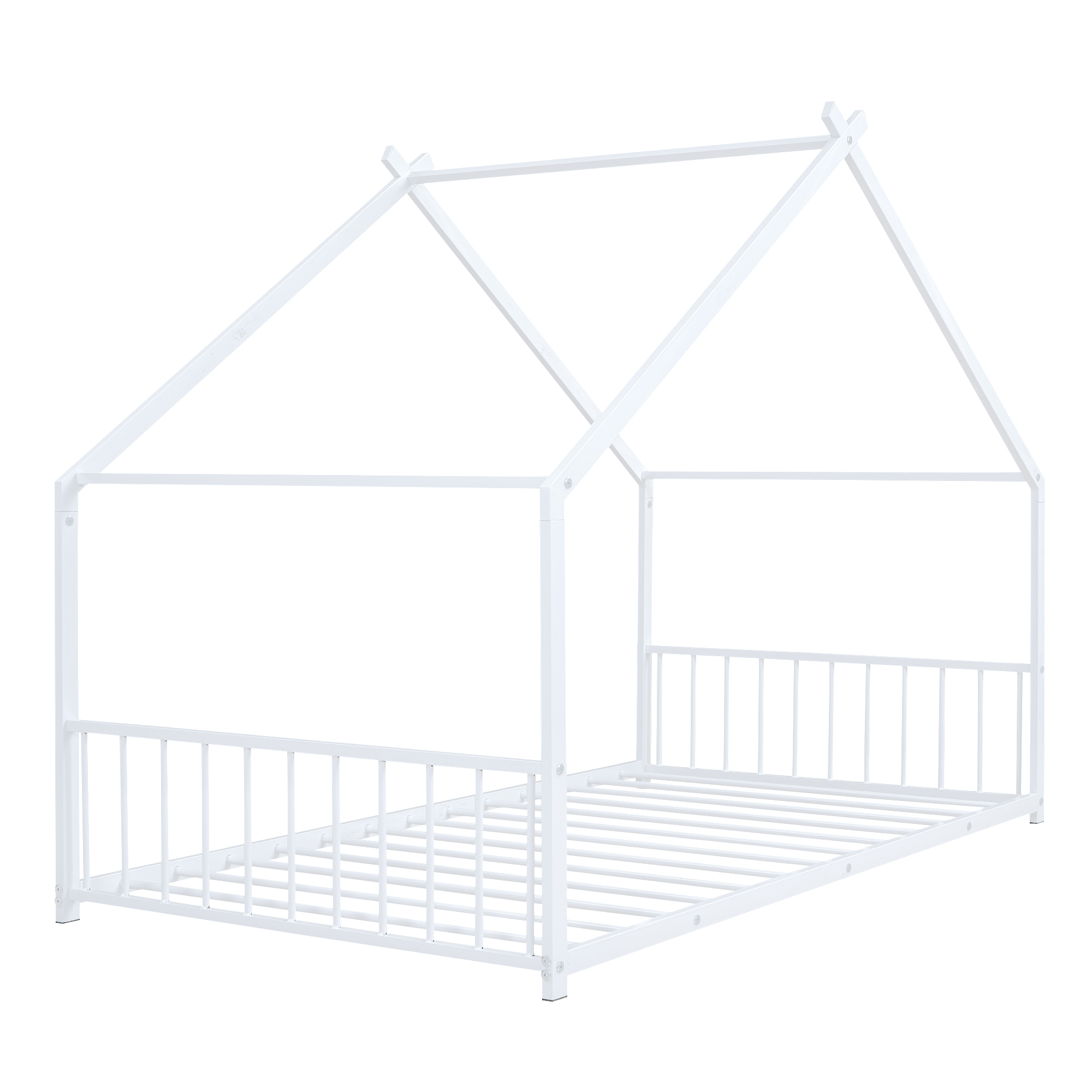 Gewnee Twin Size House Bed with Roof and Fence,Metal Montessori Platform Bed for Toddle and Kids,White