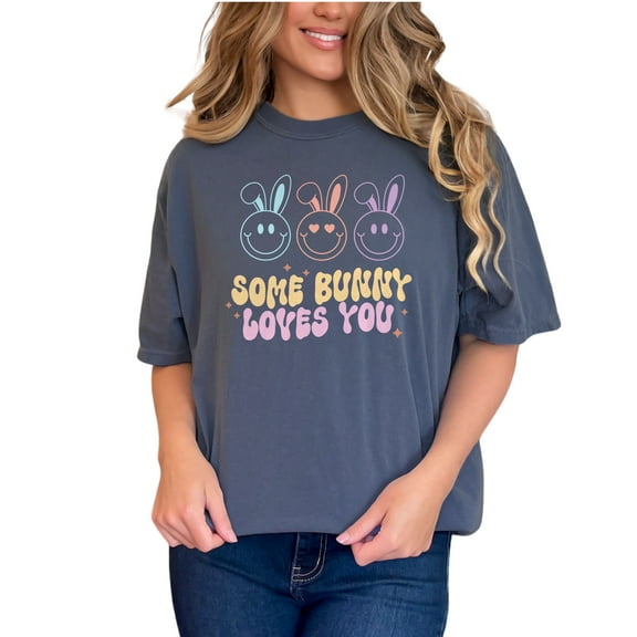 Some Bunny Loves You, Retro Easter Sunday Rabbit Art Favor or Merch, Denim Comfort Colors T-Shirt, Small