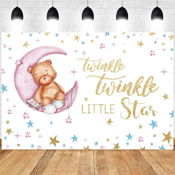 Twinkle Twinkle Little Star Backdrop Pink Moon Stars Baby Shower Photography Background Girl Boy Bear Birthday Party Decorations Supplies Cake Table Banner Photo Studio Props