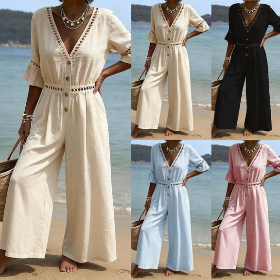 Tqcoqu Womens Linen Wide Leg Jumpsuit V Neck Lace Trim Button Front Summer Beach Jumpsuit,Beige,Women's S-XXL