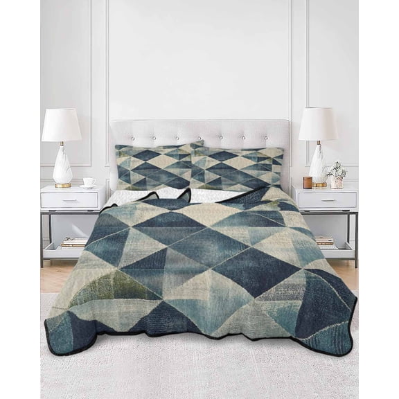 Quilts Full Size, Navy Blue Geometric Soft Comforter Bedding Set for Bed, Abstract Modern Green Artwork Lightweight Quilted Bedspread with Pillow Cover(2 Pieces) for All Season, 78x90 Inch