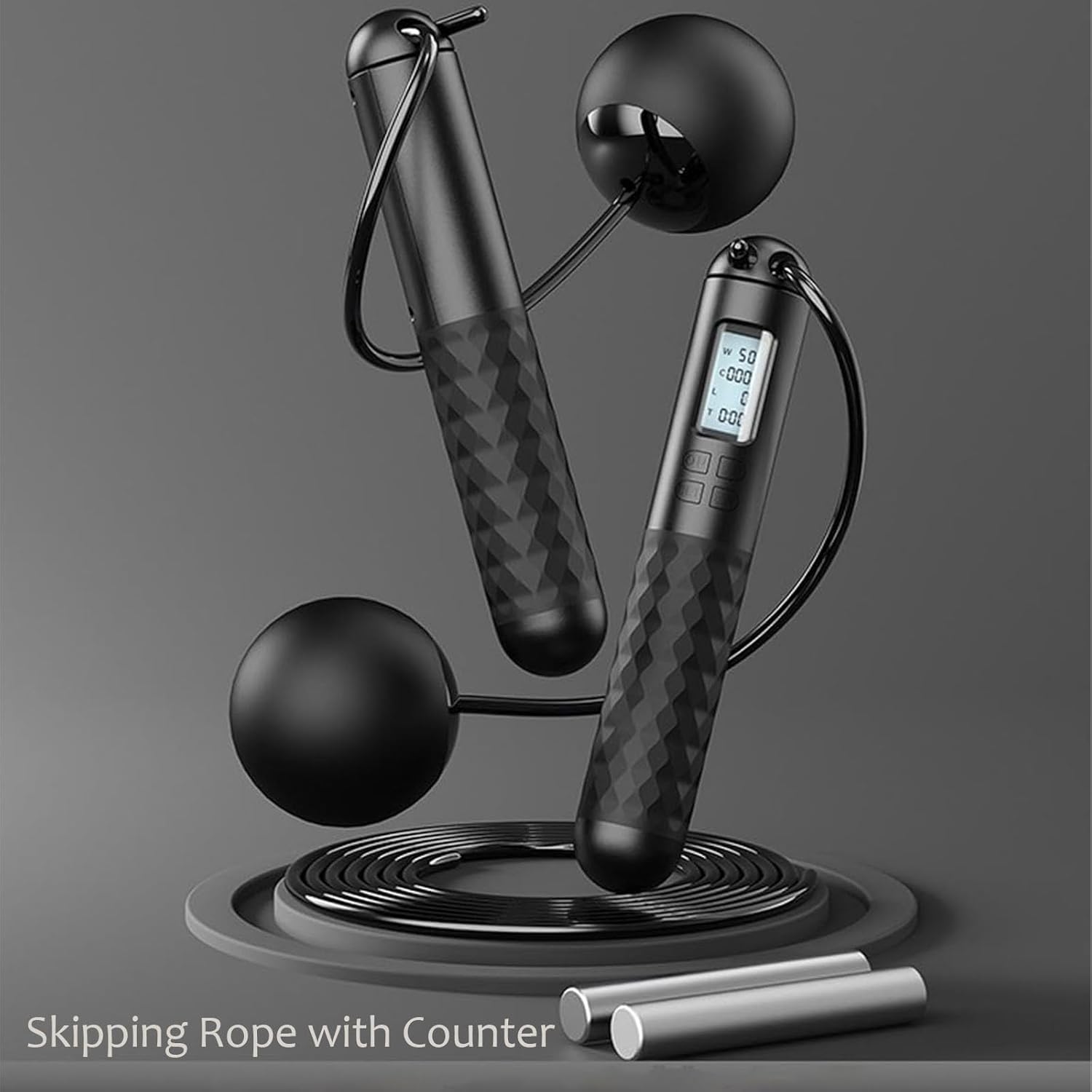 Digital Counting Jump Rope-Cordless & Rope 2 in 1 Weighted Skipping Rope with LCD Counter, Adjustable Fitness Jump Rope for Indoor Outdoor Workout, Black