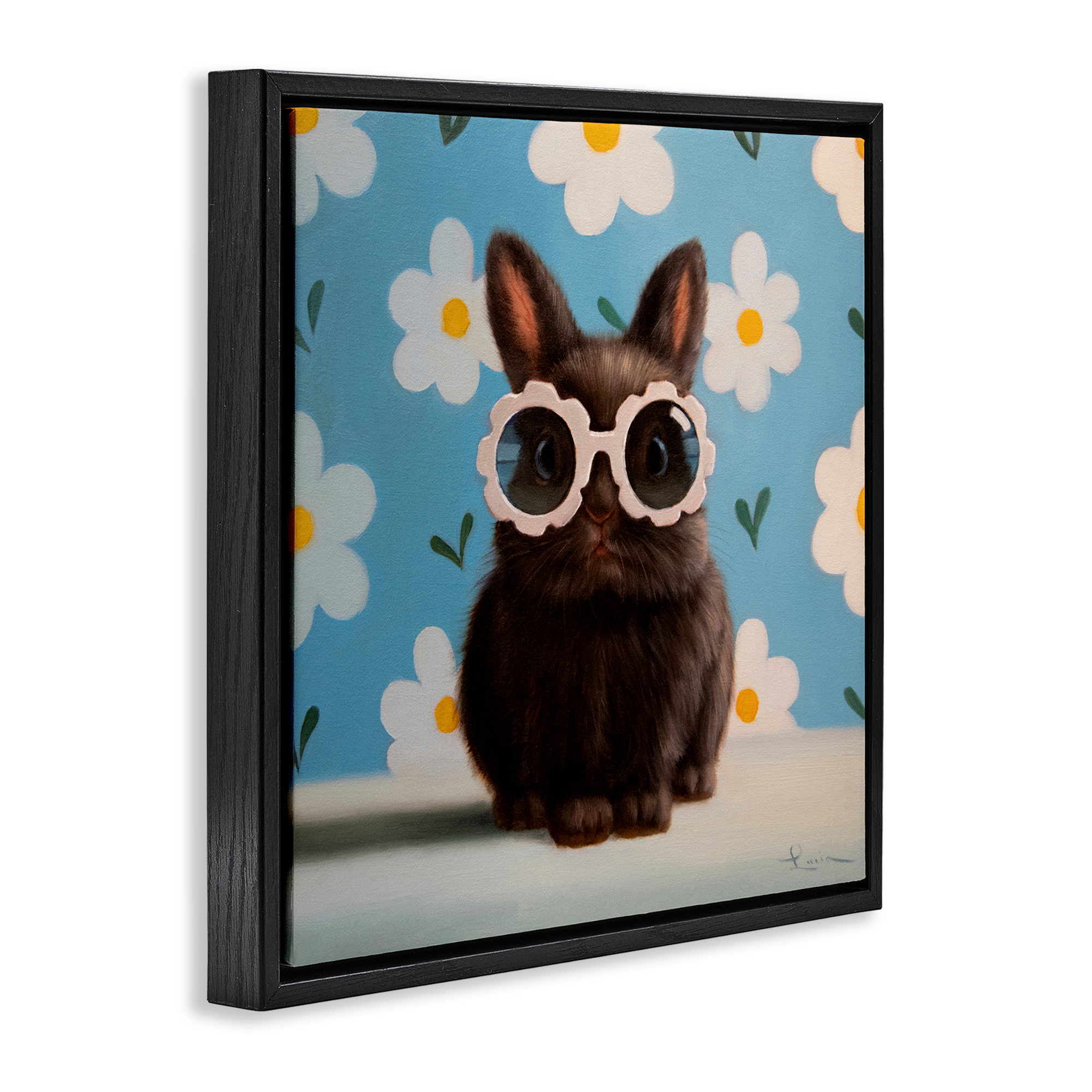 Flower Child Bunny Black Framed Floater Canvas Wall Art, design by Lucia Heffernan