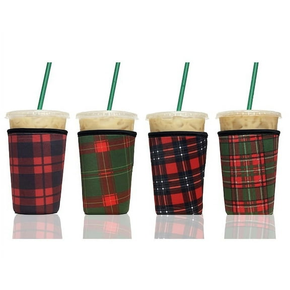 4-Pack Medium (22-24oz) Reusable Neoprene Insulator Sleeve for Iced Coffee or Cold Beverage Cups (Plaid Mix #1)