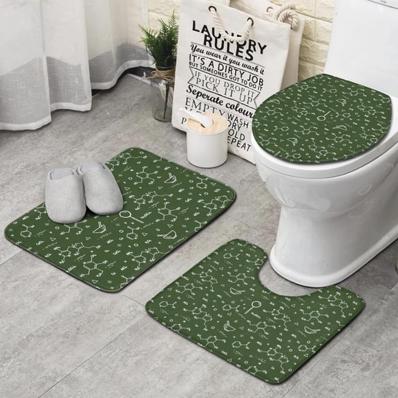 Math Equations Molecule Icons Green Pattern Bathroom Rugs Sets 3 Piece,Toilet Cover Set,Absorbent Non Slip Bathroom Mats Sets with U-Shaped Contour Rug Toilet Rug Set