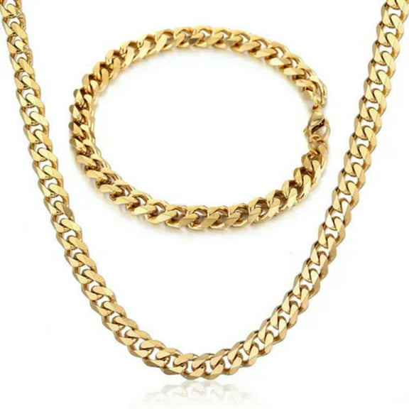 7mm Gold Stainless Steel Bracelet & Necklace Jewelry Set Cuban Curb Chain