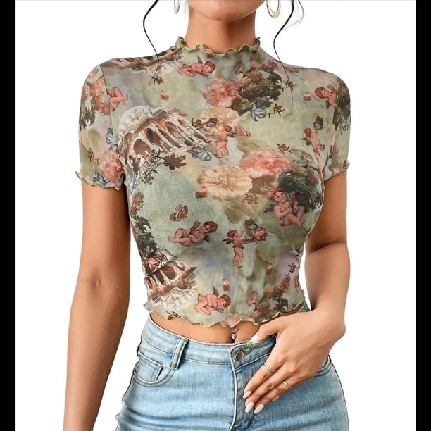 Top Corto de con Estampado para Mujer, Corta, Cuello Alto, Ajustado, con Ribete en Forma de Lechuga, Transparente, para Salir Color Matcha M