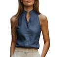 thumbnail image 5 of FDGIU Women's Stand Collar Split V Halter Sleeveless Tank Top, Solid Loose Straight Hem Satin Office Camisole Blouse, 5 of 8