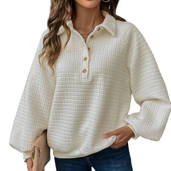 Womens Buttons Pullover Sweater Casual Fall Oversized Sweaters Long Sleeve V Neck Texture Knit Tops Cream White M