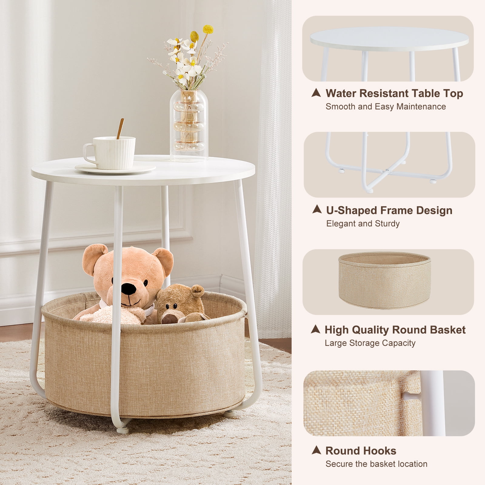 GIANNA Modern Small Round Side End Table with Fabric Basket: Versatile Bedside Table for Living Room and Bedroom