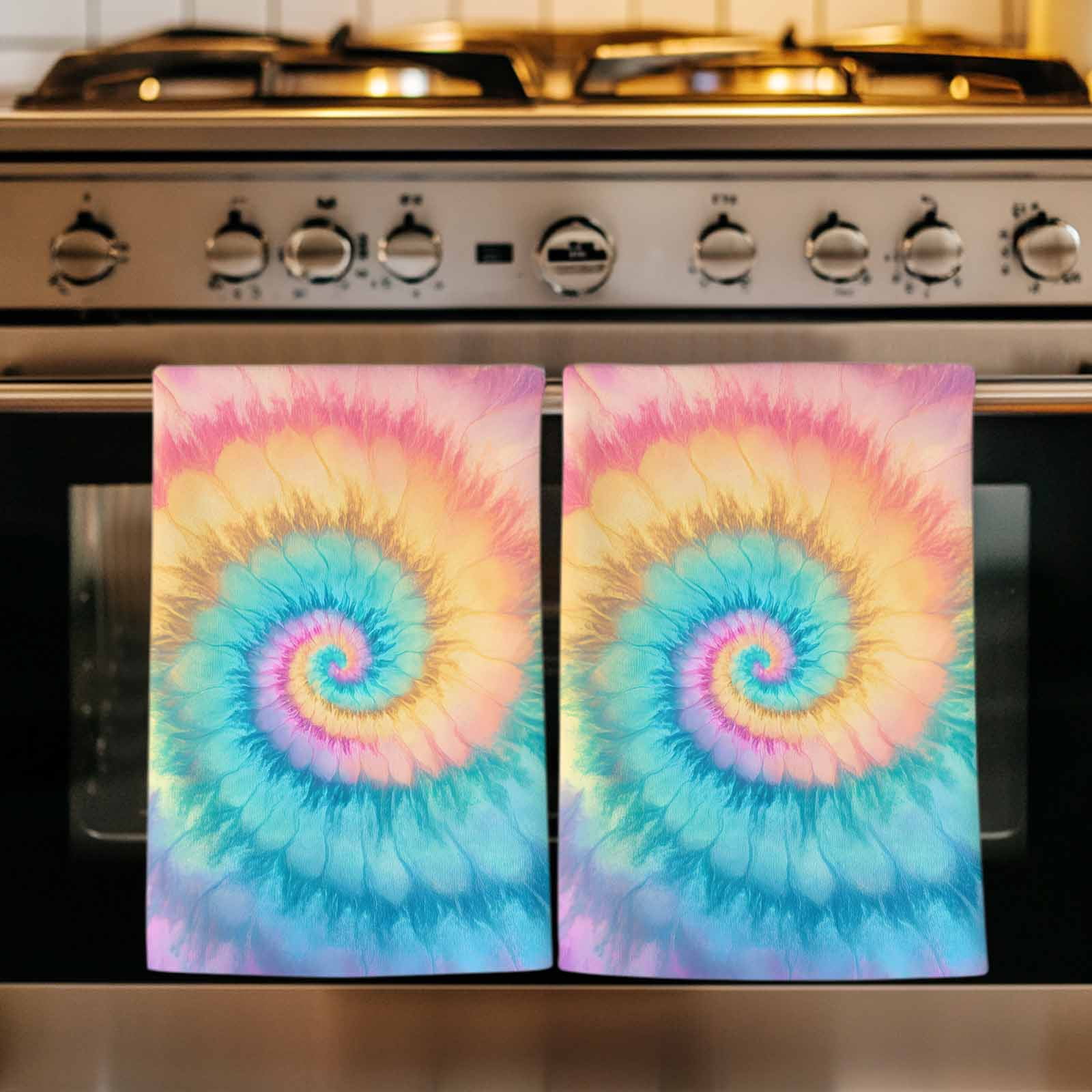 Colorful Tie Dye Kitchen Towels Set of 2, Rainbow Ombre Abstract Pattern Art Soft Microfiber Dish Towels, Absorbent Quick-Dry Washable Dishcloths for Kitchen Cleaning, Drying Dishes, 18x28 Inches