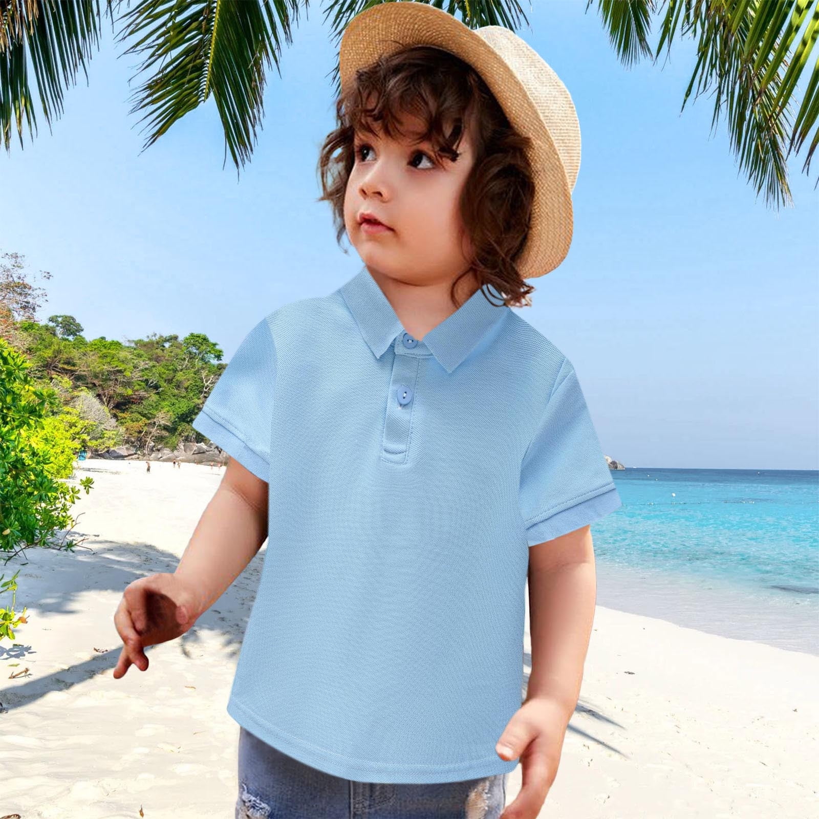Tfken Tops For Boys Toddler Lapel Neck Short Sleeve Solid Color T-Shirts Trendy Summer Tee Blue Size 2-3 Years