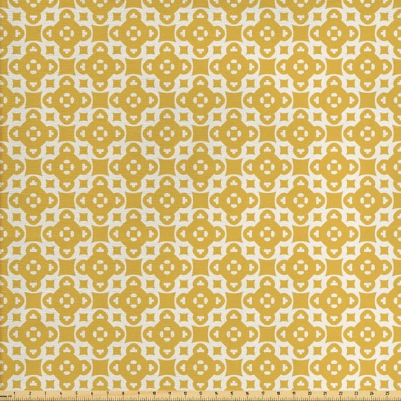 Abstract Geometry Fabric by the Yard Upholstery, Continuous Bicolored Symmetrical Floral Motifs Pattern, Decorative Fabric for DIY and Home Accents, Pale Earth Yellow White by Ambesonne