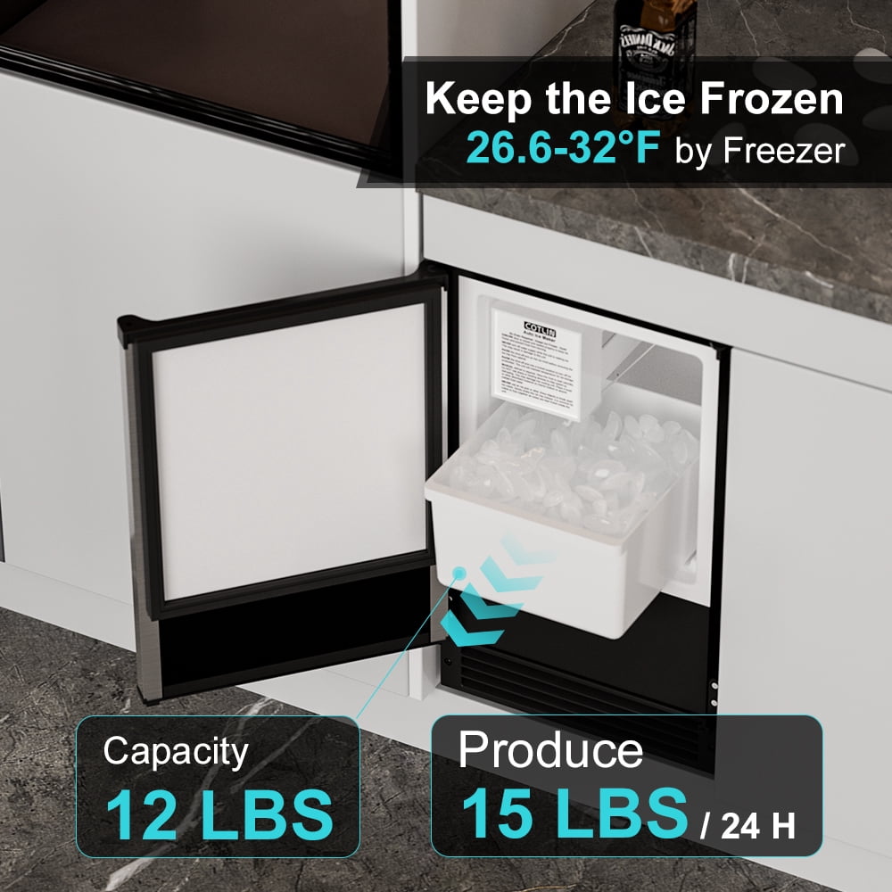 OUBID 15"W Drainless Under Counter Ice Maker, 22 lbs Storage Bin, Crescent Ice, Built-In/Freestanding Ice Maker, No Drain Required, ETL Certified, for Residential & Commercial Use