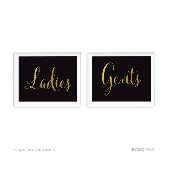 Ladies, Gents Bathroom Restroom Gold Black and Metallic Gold Wedding Signs, 2-Pack