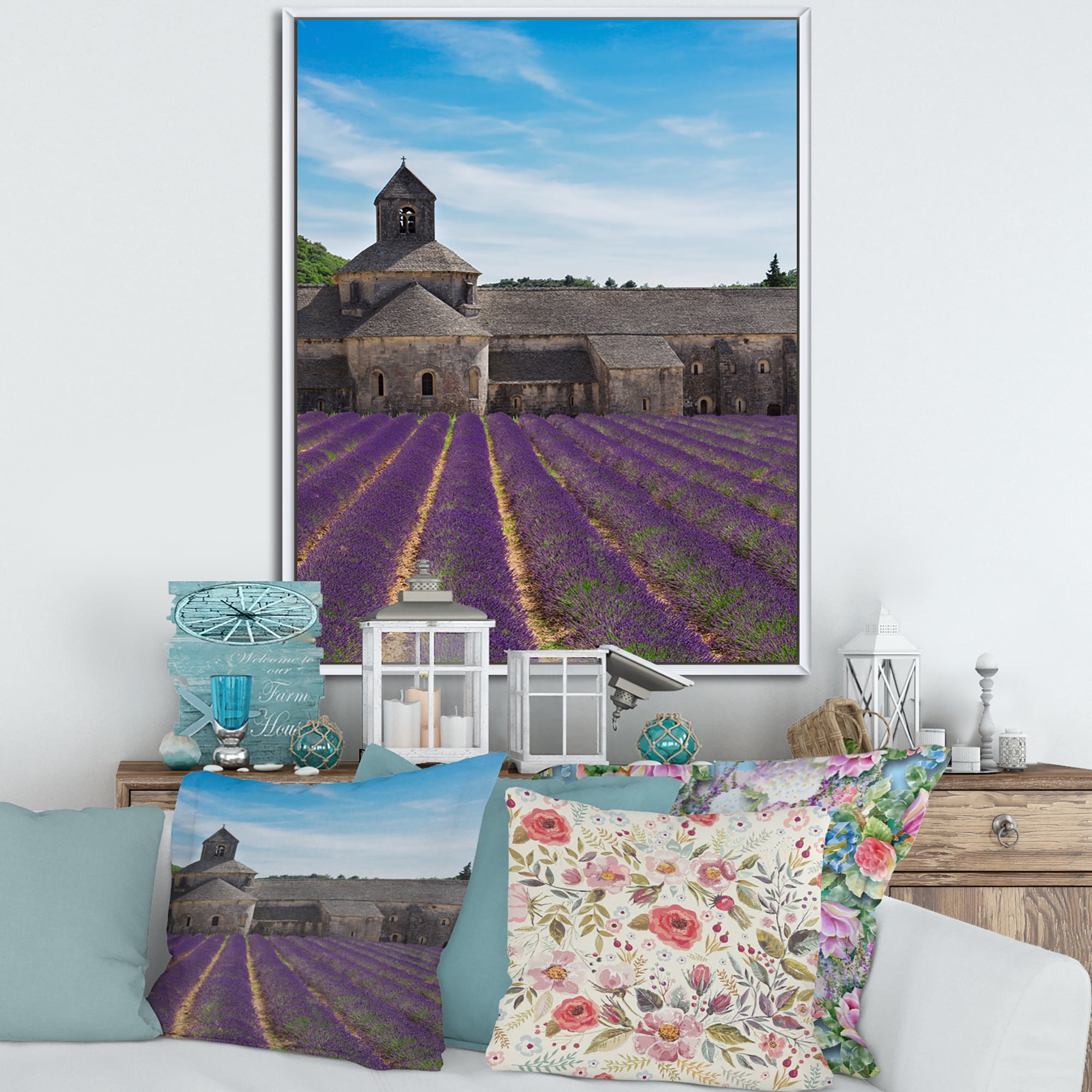 Designart 'Abbey With Lavender Field In France' Farmhouse Framed Canvas Wall Art Print