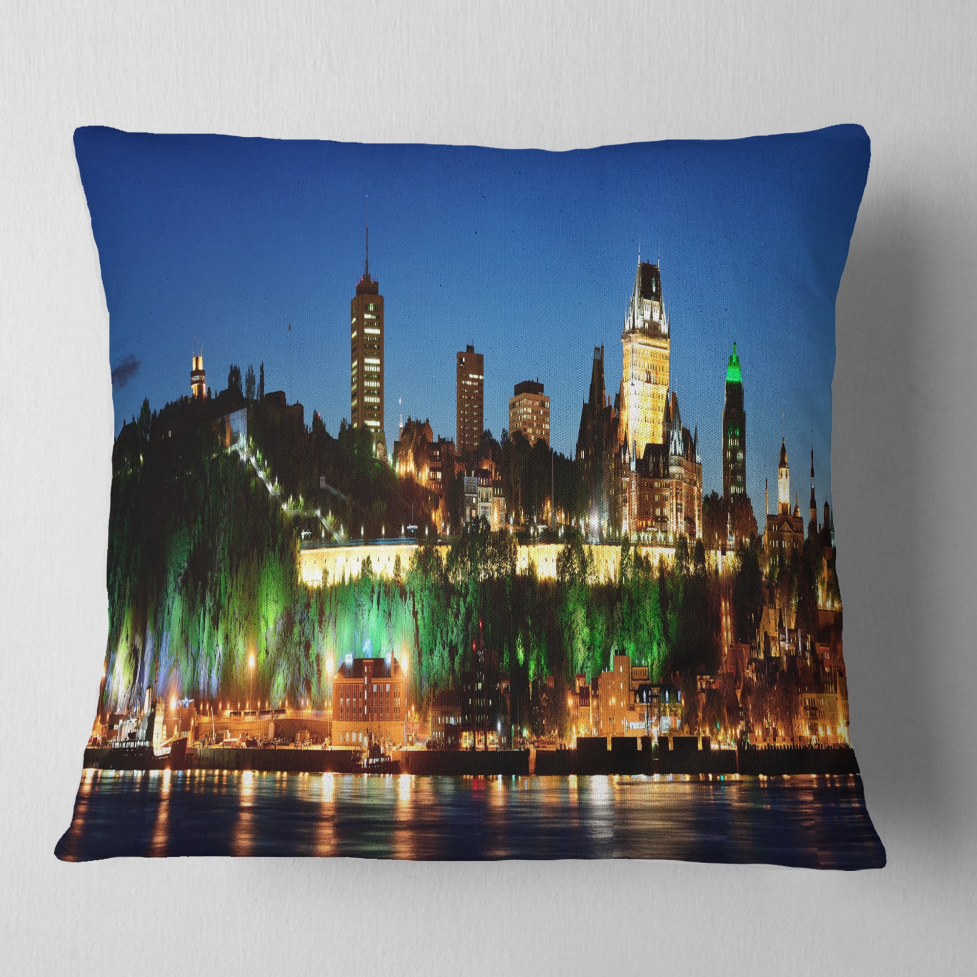 Designart Panoramic Quebec City at Night - Cityscape Photo Throw Pillow - 16x16