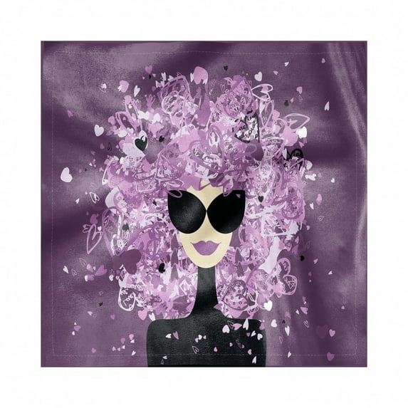 Fashion Decorative Napkins Set of 4, Fashion Woman Portrait Messy Hair with Hearts Falling, Silky Satin Fabric for Brunch Dinner Party, 18", Eggplant Black and Lilac, by Ambesonne