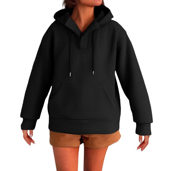 VISALY Hoodies Pullover Drawstring Sweatshirt Women's Fashion Clothes for Every Occasion Cotton Linen Cardigan Summer Chic Oversized Sweatshirt Waffle Sweater Fall Sweatshirt Black L