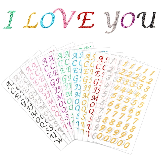 Langgg 10 Pieces Glitter Alphabet Number Stickers Colorful Self-Adhesive Hot Embossing DIY Greeting Card Shiny Decals for Textiles