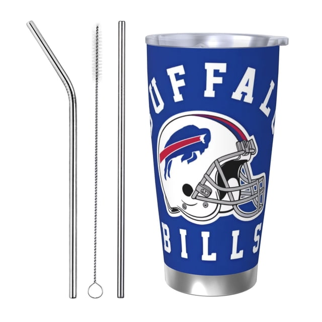 Taza térmica duradera de acero inoxidable 304 con tema del equipo de fútbol Bills con tapa y pajita Taza térmica de acero inoxidable de 20 oz Taza para automóvil Adecuada para bebidas frías y