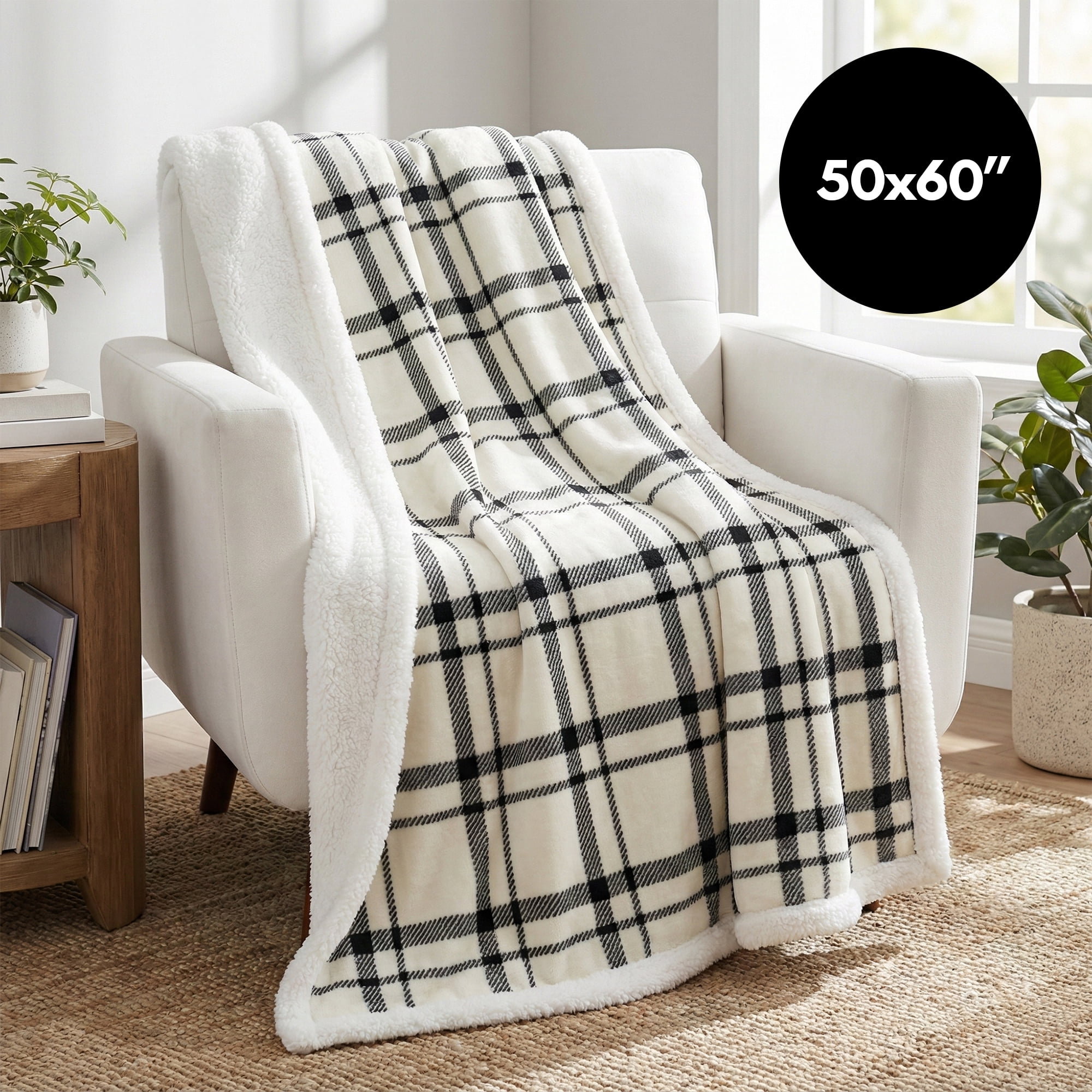 Americanflat Fleece and Reverse Sherpa Throw Blanket - 50x60 Inch Classic Tattersall Plaid - Ultra Soft Cozy Couch Cover - Warm Reversible Design - Black