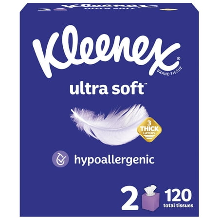 Kleenex Ultra Soft Facial Tissues, 2 Cube Boxes, 60 White Tissues per Box, 3-Ply